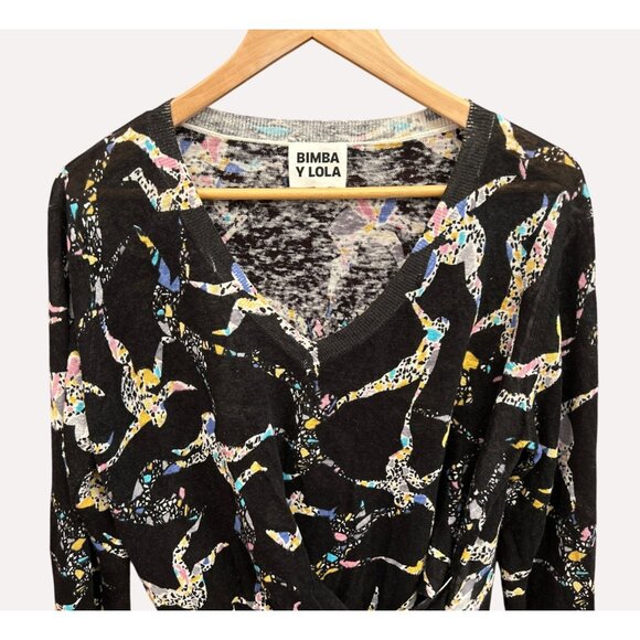 Bimba Y Lola Black Abstract Wrap Front Linen Sweater Medium Artsy Eclectic Print - Picture 2 of 7